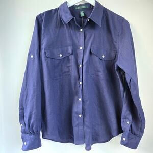 Lauren by Ralph Lauren Linen Navy Blue Button Down Long Sleeve Shirt Womens XL